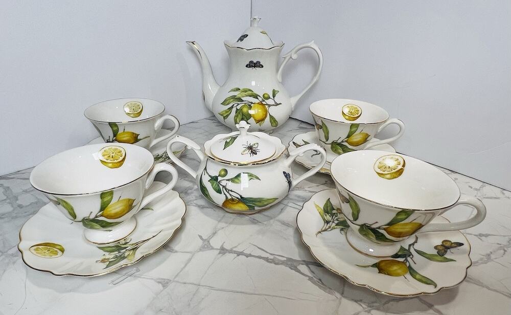 Gracie Teaware Lemon Bee Butterfly 12 Piece Porcelain Tea Set, Yellow, Gold Trim